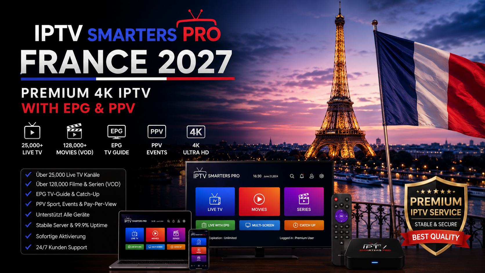 IPTV Smarters Pro France 2027 – Premium 4K IPTV with EPG & PPV